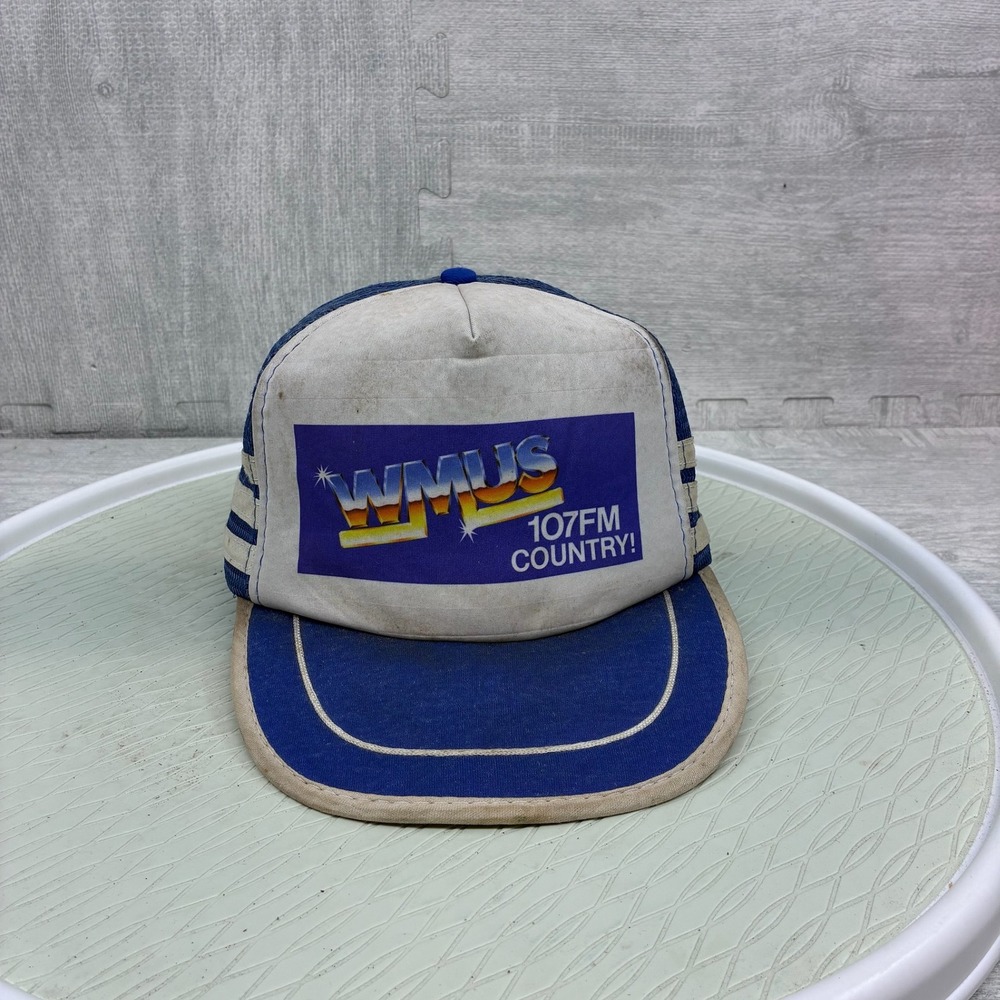 Vintage Three Stripe Trucker Hat Mens WMUS 107 FM Country Radio Blue White